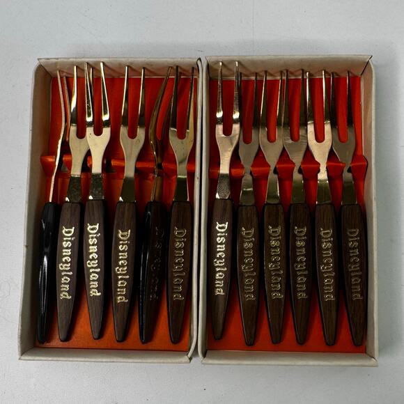 Set of 2 Disneyland Bronze Plated Mini Forks Walt Disney Productions w/Box Japan - Picture 2 of 4